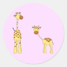 Adult and Baby Giraffe. Cartoon Round Stickers