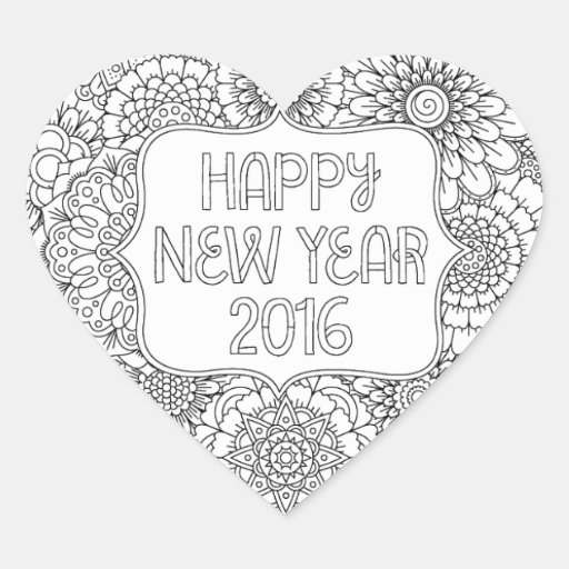 Adult Coloring Happy New Year 2016 Heart Stickers Zazzle