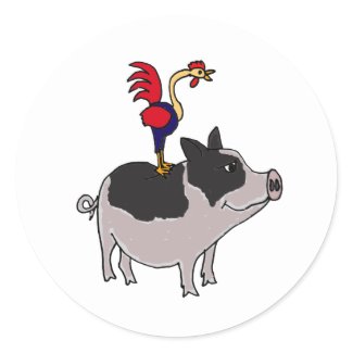 AE- Rooster on a Pot Bellied Pig Cartoon
