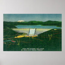 Aerial View of Shasta Dam, Lake, Mountain at Print
