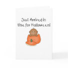  - An adorable African American baby sits inside an orange pumpkin and kid style text reads "Just arrived in time for Halloween!" on babys 1st Halloween T-shirts, tote bags, magnets, and more.: Sizes 