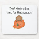standard_mousepad - An adorable African American baby sits inside an orange pumpkin and kid style text reads "Just arrived in time for Halloween!" on babys 1st Halloween T-shirts, tote bags, magnets, and more.: Sizes 