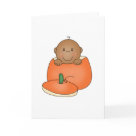  - An African American baby inside an orange pumpkin on Halloween cards, tote bags, T-shirts, bodysuits, magnets, and other Halloween items you can customize yourself with text or a name!: Sizes 