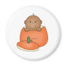 round_magnet - An African American baby inside an orange pumpkin on Halloween cards, tote bags, T-shirts, bodysuits, magnets, and other Halloween items you can customize yourself with text or a name!: Sizes 