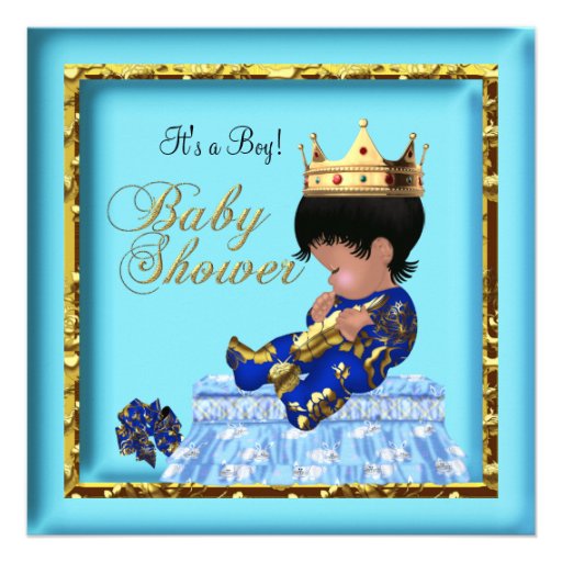 African American Baby Shower Blue Gold Boy Custom Invitations