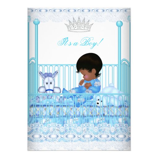 African American Baby Shower Blue Lace Boy Prince Custom Invitations