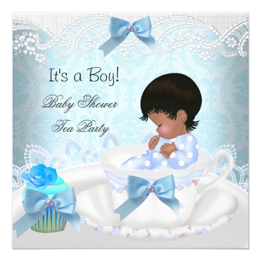 African American Baby Shower Boy Blue Baby Teacup Custom Invite