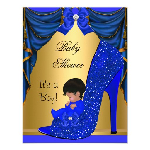 African American Baby Shower Boy Blue Gold Shoe Custom Invites
