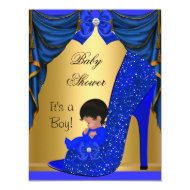 African American Baby Shower Boy Blue Gold Shoe 4.25" X 5.5" Invitation Card