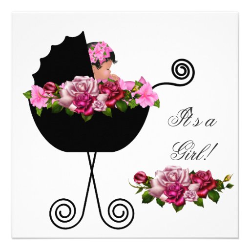 African American Baby Shower Cute Girl Pink Roses Personalized Announcements