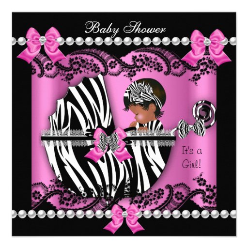 African American Baby Shower Cute Girl Pink Zebra Custom Invite