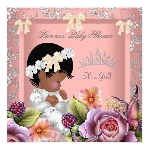 African American Baby Shower Girl Coral Pink Rose Personalized Invitation