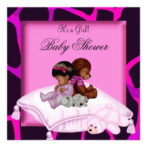 African American Baby Shower Girl Hot Pink Bear Custom Invitations