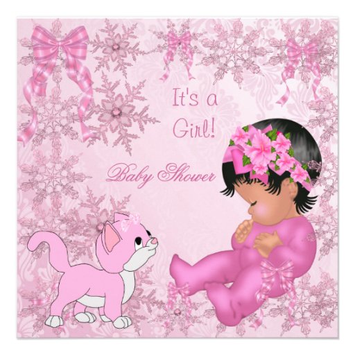 African American Baby Shower Girl Kitten Pink Personalized Announcement
