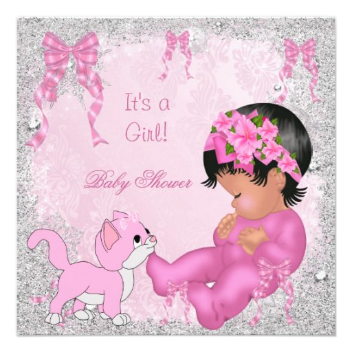 African American Baby Shower Girl Kitten Pink Personalized Announcements