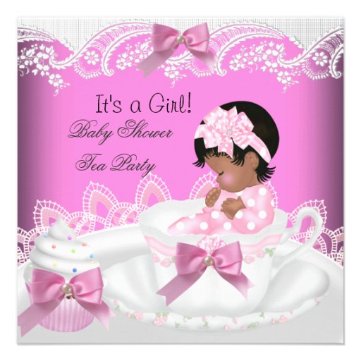 African American Baby Shower Girl Pink Baby Teacup Personalized Invite