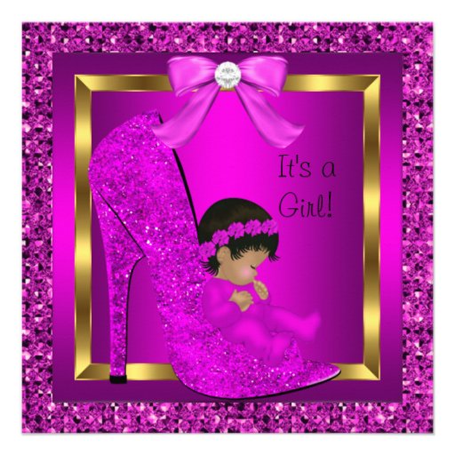 African American Baby Shower Girl Pink Glitter Personalized Invitation
