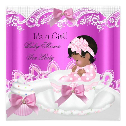 African American Baby Shower Girl Pink in Teacup Custom Invitation