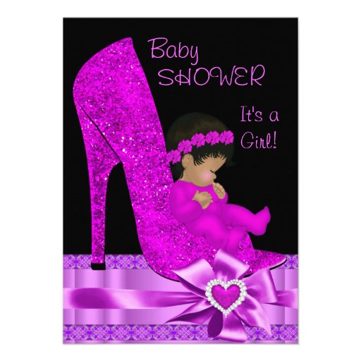 African American Baby Shower Girl Pink Purple Shoe Personalized Announcement