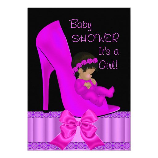 African American Baby Shower Girl Pink Purple Shoe Announcements