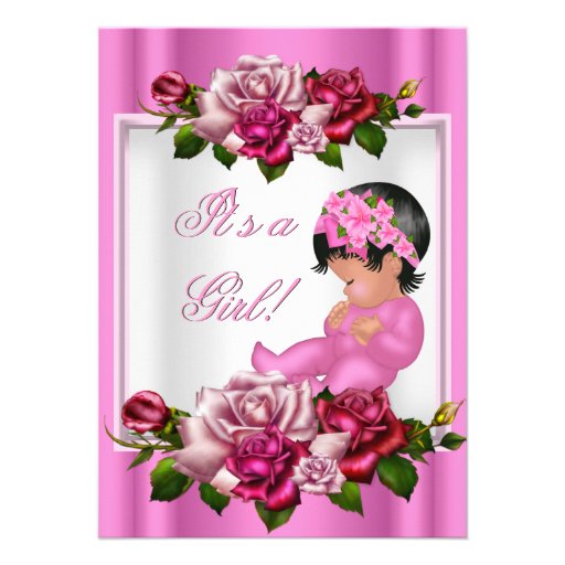 African American Baby Shower Girl Pink Roses Personalized Announcement