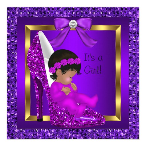 African American Baby Shower Girl Purple Glitter Custom Invite