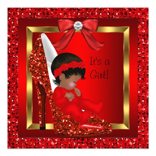 African American Baby Shower Girl Red Glitter Invites
