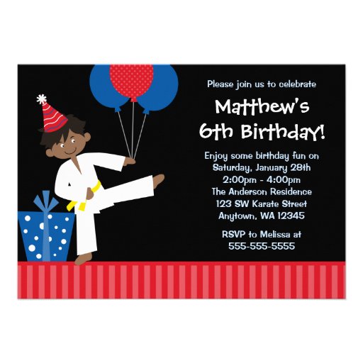 African American Boy Balloons Taekwondo Birthday Announcement