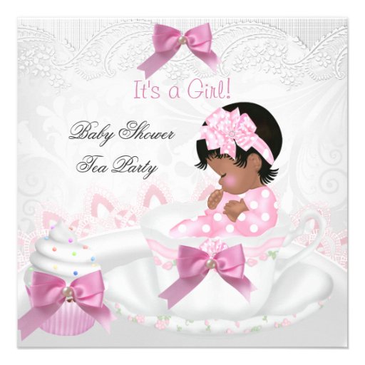 African American Girl Baby Shower Pink Baby Teacup Custom Invitations