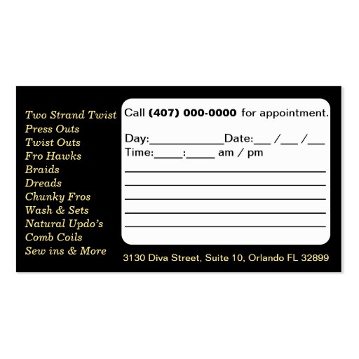 African American Hair Salon Business Cards (back side)