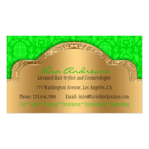 African American Hair Stylist Green Gold Damask Business Card Template (back side)