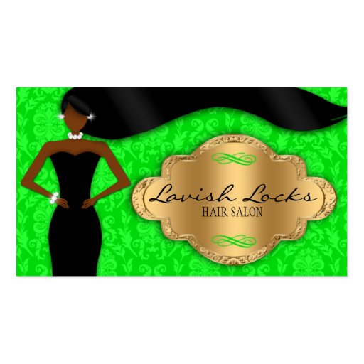 African American Hair Stylist Green Gold Damask Business Card Template