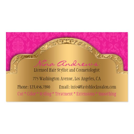 African American Hair Stylist Pink Gold Damask Business Card Templates (back side)