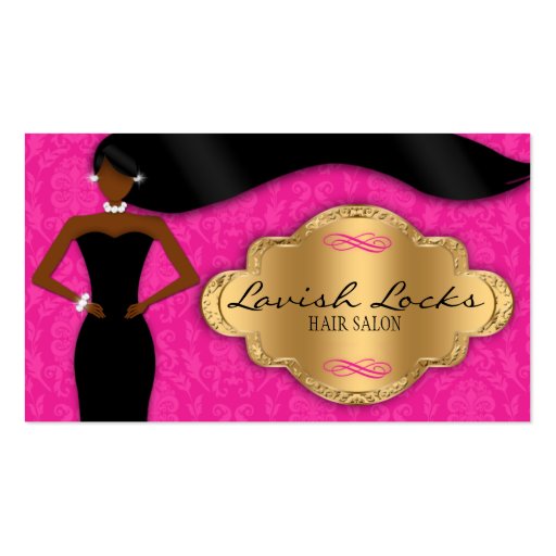 African American Hair Stylist Pink Gold Damask Business Card Templates (front side)