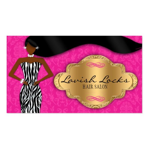 African American Hair Stylist Pink Gold Zebra Business Card Templates (front side)