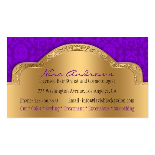 African American Hair Stylist Purple Gold Damask Business Card Template (back side)
