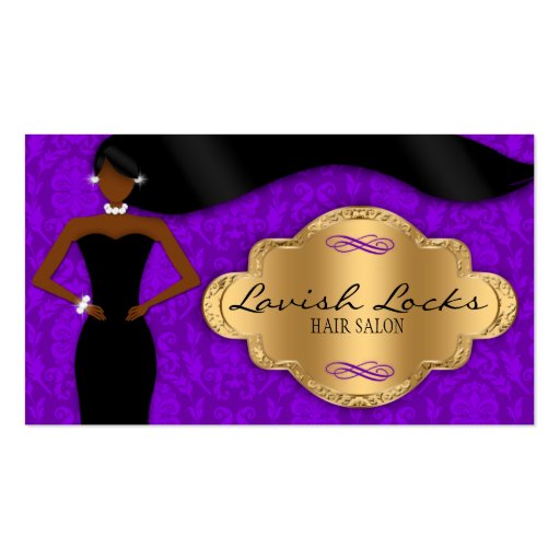 African American Hair Stylist Purple Gold Damask Business Card Template (front side)