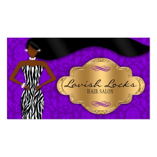 African American Hair Stylist Purple Gold Zebra Business Cards (front side)