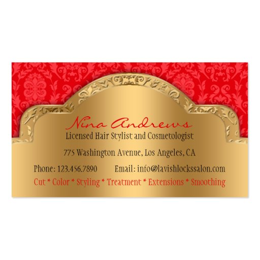 African American Hair Stylist Red Gold Damask Business Card Templates (back side)