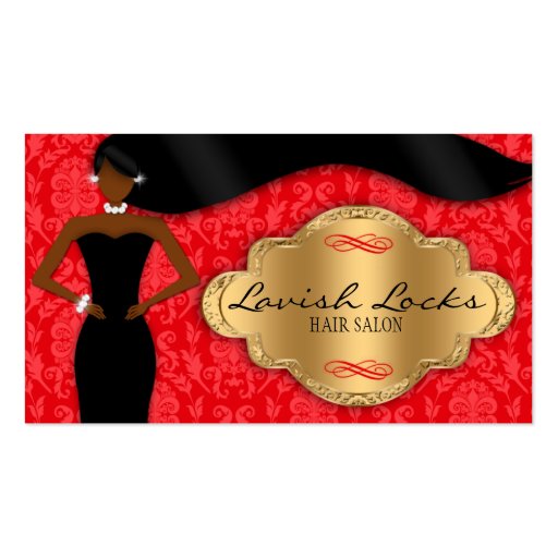 African American Hair Stylist Red Gold Damask Business Card Templates