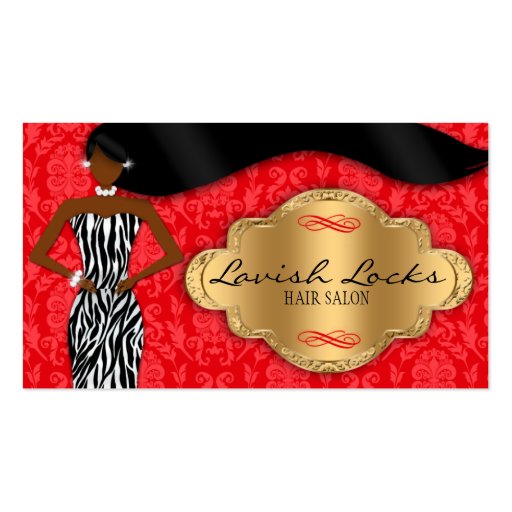 African American Hair Stylist Red Gold Zebra Business Card (front side)