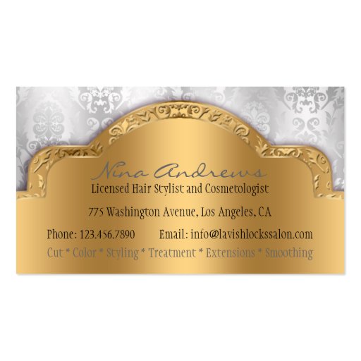 African American Hair Stylist Silver Gold Damask Business Cards (back side)