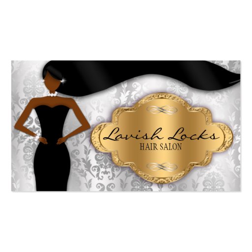 African American Hair Stylist Silver Gold Damask Business Cards (front side)