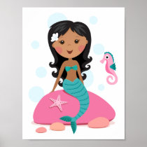 African American mermaid girl starfish seahorse Posters