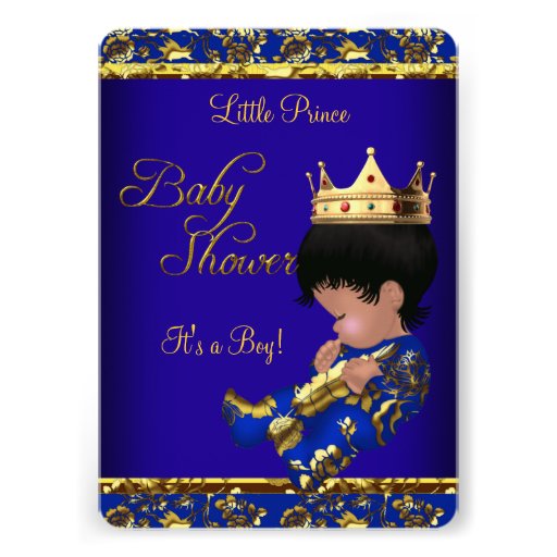 African American Prince Baby Shower Blue Gold Boy Custom Announcement