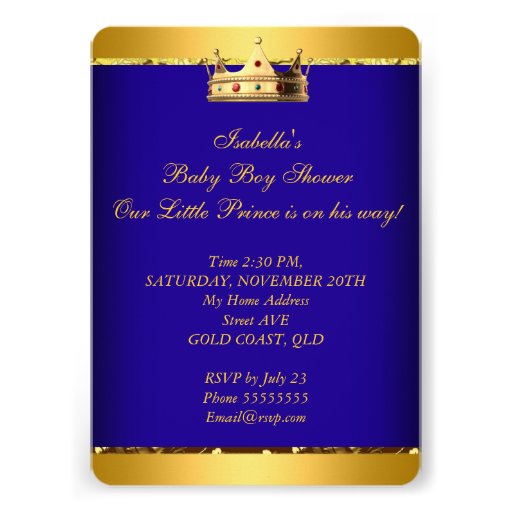 African American Prince Baby Shower Blue Gold Boy Personalized Invites