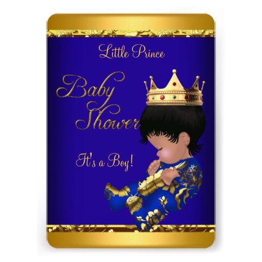 African American Prince Baby Shower Blue Gold Boy Personalized Invites