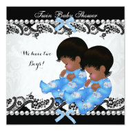African American Twin Boys Baby Shower Blue 5.25" Square Invitation Card