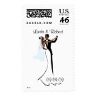 postcard - Dancing bride and groom on wedding invitation postage stamp.  Customize with your names and wedding date.  Size and postage rate can also be customized.  Illustration  Teri Francis.  Matching cards and gifts available in gallery.  Caucasion version can be customized here:
 Wedding Invitation Custom Postage Stamps by SquirrelHuggerDesign custom stamps Using www.Zazzle.comView more Special Occasions Postage
