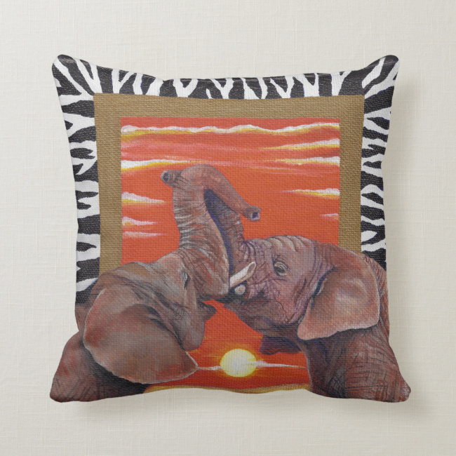 African Elephants inlove sunset with Zabra Patten Throw Pillow